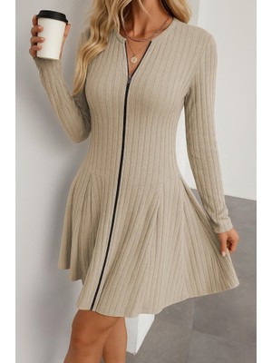 Nnstartshopping  Kadın Uzun Kollu Önden Fermuarlı Pileli Şardonlu Kaşkorse Mini Elbise