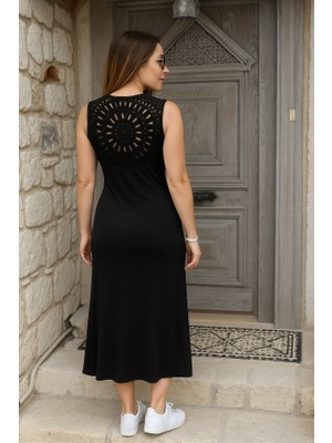 Nnstartshopping  Kadın Askılı Yuvarlak Yakalı Yandan Yırtmaçlı Arkası Dantel Detaylı Viskon Elbise