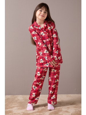 Cansın Mini Kırmızı Ayıcıklı Ekose Desen Kız Çocuk Düğmeli Pijama Takımı 19855