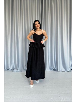 Nnstartshopping  Siyah Beli Büzgülü Inci Askılı Uzun Elbise