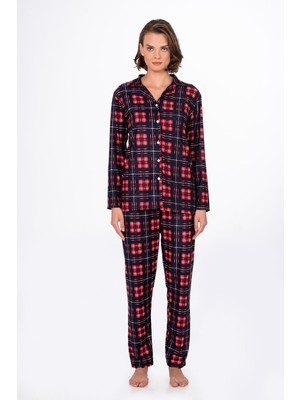 Kompedan Kadın Süet Önden Düğmeli Pijama Takımı | Ekose Lacivert