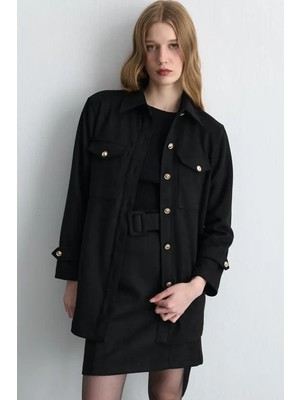 Gusto Beli Kemerli Suni Süet Ceket - Siyah