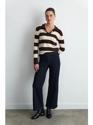 Gusto Polo Yaka Çizgili Triko Bluz - Kahverengi