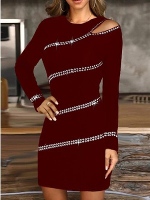 Nnstartshopping  Kadın Uzun Kollu Omuz Pencere Detay Taş Işlemeli Dalgıç Mini Elbise