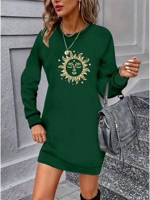 Nnstartshopping  Kadın Uzun Kollu Bisiklet Yaka Güneş Desenli Viskon Iki Iplik Elbise