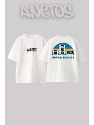 Anetos Never Forget Tasarım Sırt Baskılı Pamuk Beyaz Oversize T-Shirt