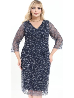 Ladies First Büyük Beden 3995 Lacivert Kısa Abiye Elbise