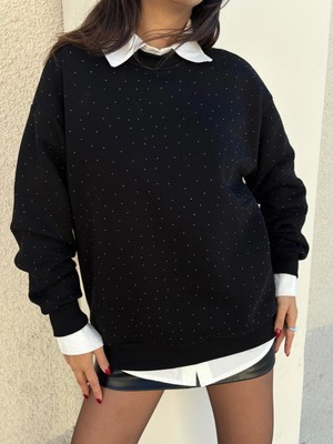 Minaaise Kadın Siyah Taşlı Oversize Sweatshirt 30067