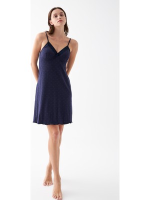 Akbeniz Kadın Lacivert Puantiyeli Dantel Detaylı Ip Askılı Gecelik