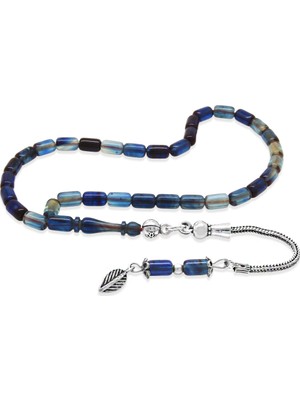 Tesbihane Ateş Kehribar Tesbih - 925 Ayar Gümüş Zincir Püsküllü - Mini Boy - Mavi Beyaz Renk - Kapsül Kesim