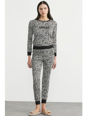 Sementa Leopar Desenli Pijama Takım - Ekru