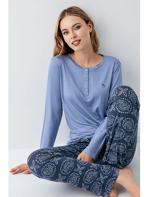 Arnetta Kadın Koyu Indigo Düğmeli Yaka Mevsimlik Pijama Takım, %50 Modal %50 Pamuk