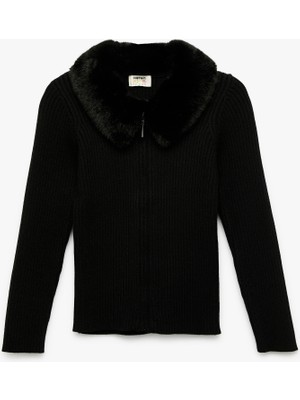 Koton Uzun Kollu Peluş Yaka Viskon Karışımlı Fermuarlı Triko Hırka