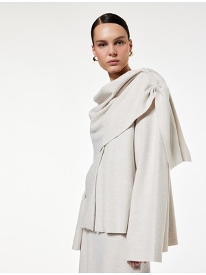 Koton Uzun Geniş Kollu Düğmeli Şal Yaka Atkılı Hırka