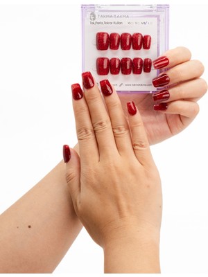 Takma Takma 10'lu Kırmızı Kısa Balerin TT1242 Tekrar Kullanılabilir El Yapımı Protez Takma Tırnak - Kırmızı-S