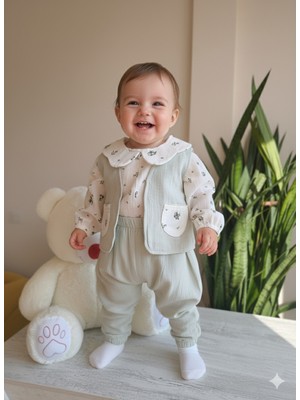 Şimo Butik Kız Bebek Çocuk Üçlü Takım Yelekli Müslin Keten %100 Pamuk Şık Tasarım