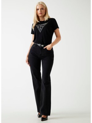 Guess Yuvarlak Yaka Baskılı Siyah Kadın T-Shirt Krystal Kadın Regular Fit T-Shirt