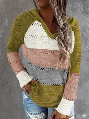 Hariqa Kadın Uzun Kollu V Yakalı Bağcıklı Kapşonlu Triko Bluz