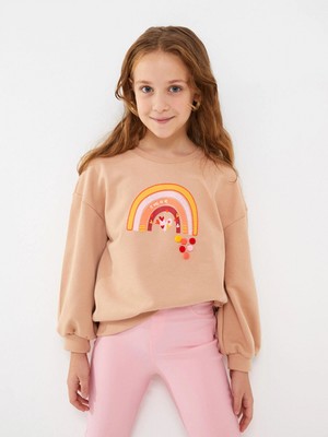 LC Waikiki Lcw Kids Bej Bisiklet Yaka Baskılı Uzun Kollu Kız Çocuk Sweatshirt