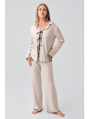 Artış Collection Uzun Kollu Kurdele Bağlamalı Fiyonklu Viskoz Pijama Takım 18211