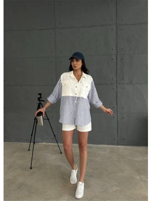 Nnstartshopping  Gabardin Şort - Gabardin - Çizgili Keten Garnili Ceket Takım - Lacivert
