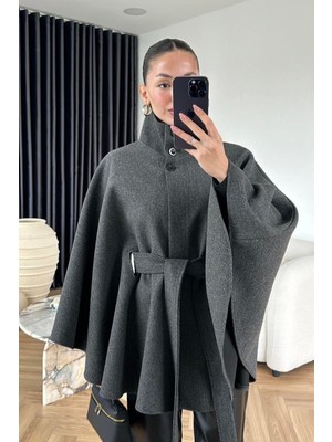 Jamolls Dik Yaka Düğmeli Kuşaklı Bağlamalı Bele Oturan Tasarım Muadil Yumuşak Doku Kaşe Trend Panço Ceket