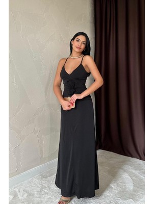 Hariqa Siyah Büzgülü Uzun Güllü Elbise