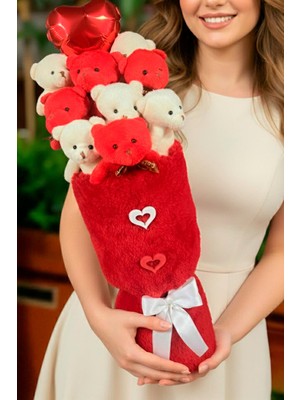 Sole Sevdiklerinize ÖZEL: Deluxe Kırmızı-Beyaz Peluş Ayıcık Kalp Balonlu Peluş Vazo Tasarımlı Ayıcık Buketi