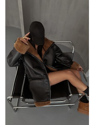 Hariqa Deri Mont Kol ve Yaka Peluş Kapaksız Cep Detaylı - Siyah-Taba