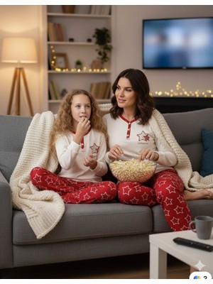 Şimo Butik Anne Kız Pijama Takımı Interlok Kumaş %100 Pamuk Uzun Kollu Kışlık Yıldızlı Kırmızı Beyaz
