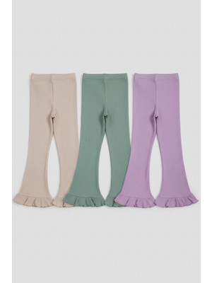 Magu Kız Çocuk Pamuklu Ribana Fırfırlı Paça Tayt – 3'lü Renkli Set