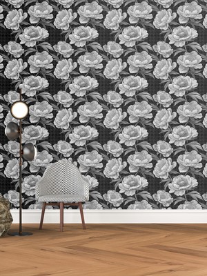 Dreamwall Siyah Beyaz Güller Desenli Tek Parça Duvar Kağıdı -Isı ve Ses Yalıtımı Yırtılmaz