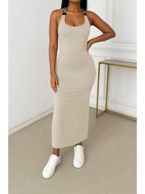 Nnstartshopping  Kadın Yuvarlak Yaka Sırttan Çapraz Şerit Love Detaylı Yırtmaçlı Viskon Elbise