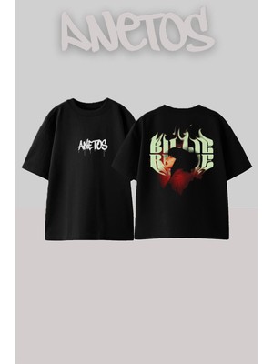 Anetos Billie Eilish 1 Tasarım Sırt Baskılı Pamuk Siyah Oversize T-Shirt