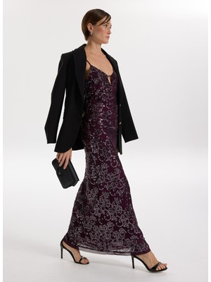 Fabrika V Yaka Payetli Bordo Maksi Kadın Elbise F5WL-ELB0402