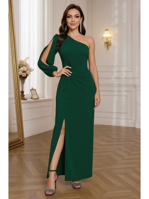 Nnstartshopping  Tek Omuz Açık Derin Yırtmaçlı Krep Tam Boy Elbise