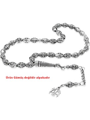 Tesbihane Tasarım Kalem Işçilikli Çift Başlı Kartal Püsküllü Arpa Kesim Oksitli Gümüş Renk Alpaka Tesbih