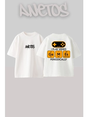 Anetos Games Tasarım Sırt Baskılı Pamuk Beyaz Oversize T-Shirt