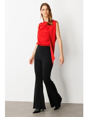 Accort Beli Lastikli Ispanyol Paça Pantolon-Siyah