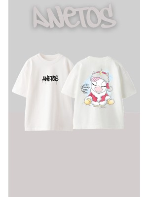 Anetos Chırsmes Unıcorn Tasarım Sırt Baskılı Pamuk Beyaz Oversize T-Shirt