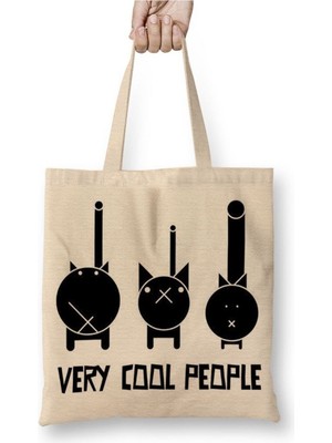 Toyaso Very Cool Cats Cool Kediler Beyaz Bez Çanta Uzun Saplı Alışveriş Çantası Plaj Çantası
