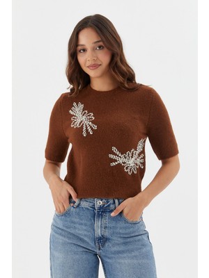 Shopping Shop Işlemeli Kısa Kol Triko Bluz Kahve