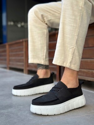 BA0676 Boa Siyah Keten Yüksek Beyaz Taban Erkek Yazlık Ayakkabı