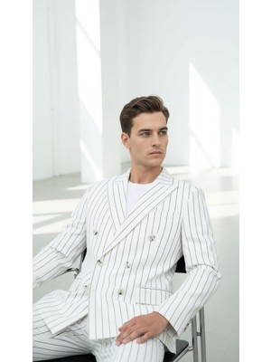 Plus Scorpion Beyaz Çizgili Erkek Kruvaze Blazer Ceket – Italyan Kesim, Modern ve Zarif Şıklık