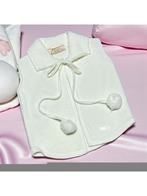 Yaka Ponpon Bağcıklı Triko Yelek - LY3005-EKRU-9 - 12 Ay Ekru