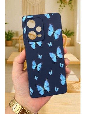 Vip Case Xiaomi Redmi Note 12 PRO5G-MAVİ Kelebek Desenli Silikon Darbe Emici Klasik Korumalı Rubber Kılıf