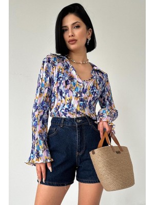 Nnstartshopping  Lila Piliseli Çiçek Desen Gömlek