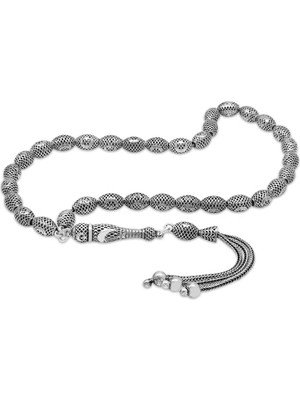 Tesbihane Üçlü Kamçı Püsküllü Telkari Tasarım Ayyıldız Detaylı Arpa Kesim Eskitme Renk 925 Ayar Gümüş Tesbih