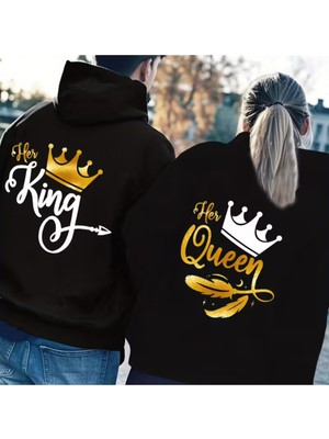 NEVERMIND Nevermind Sevgili Çift Kombin King And Queen Baskılı Özel Tasarım Kapüşonlu Sweatshirt 2li Set Takım