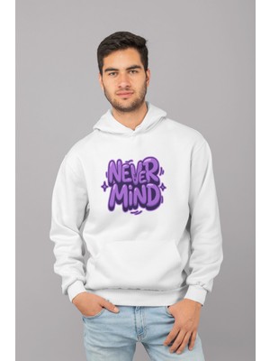 Nevermind Unisex Oversize Kapüşonlu Sweatshirt - Graffiti Yazı Baskılı Streetwear Hoodie Beyaz